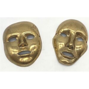 Vintage Post Modern Brass Comedy Tragedy Theater Masks Sleek Wall Decor Pair